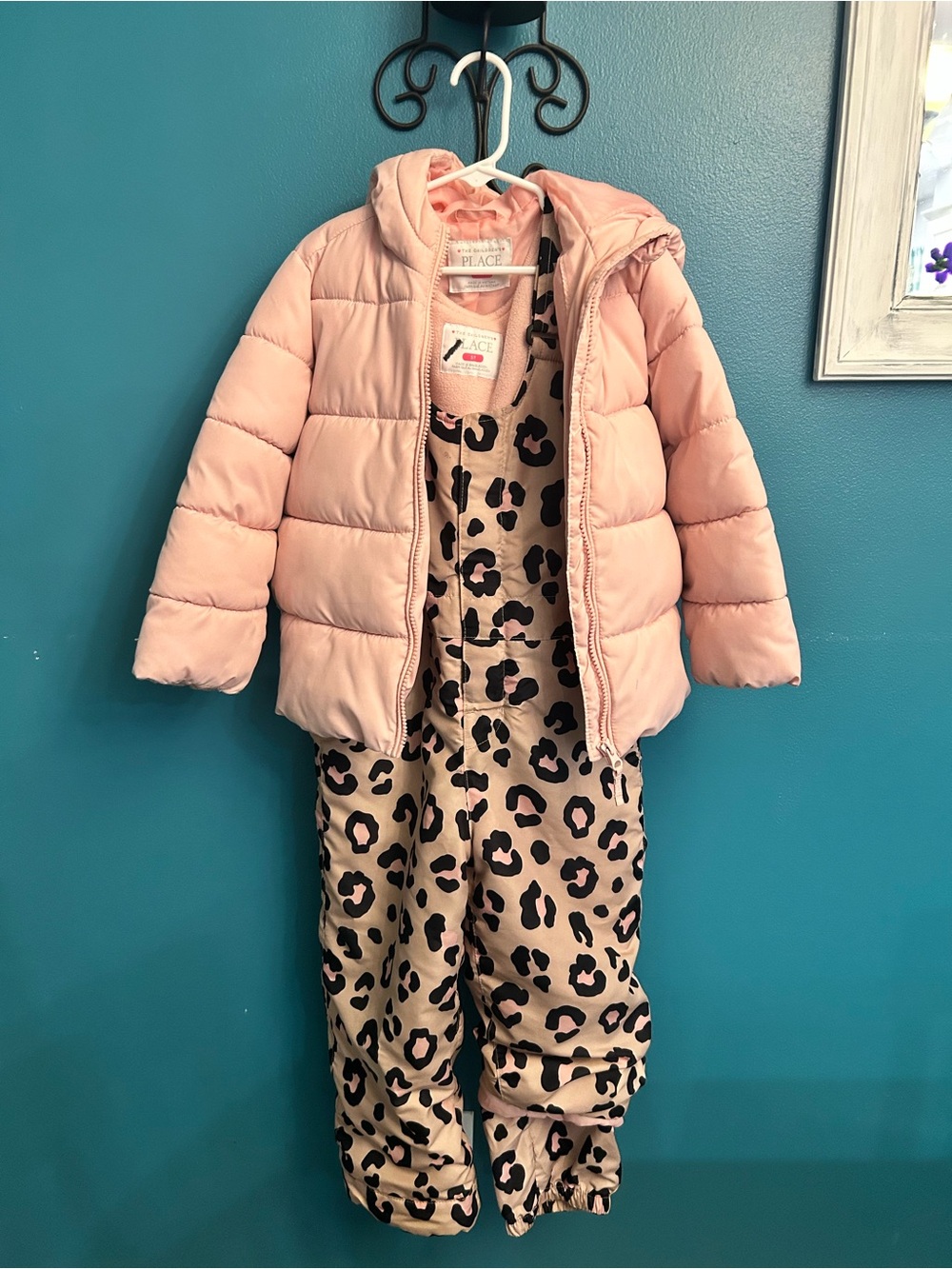 The Children's Place Blush Pink Puffer Jacket with Pink Leopard Snow Bib